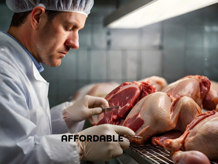 A man in a lab coat is cutting up a chicken
