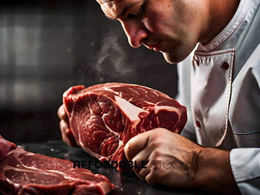 A chef examines a cut of meat
