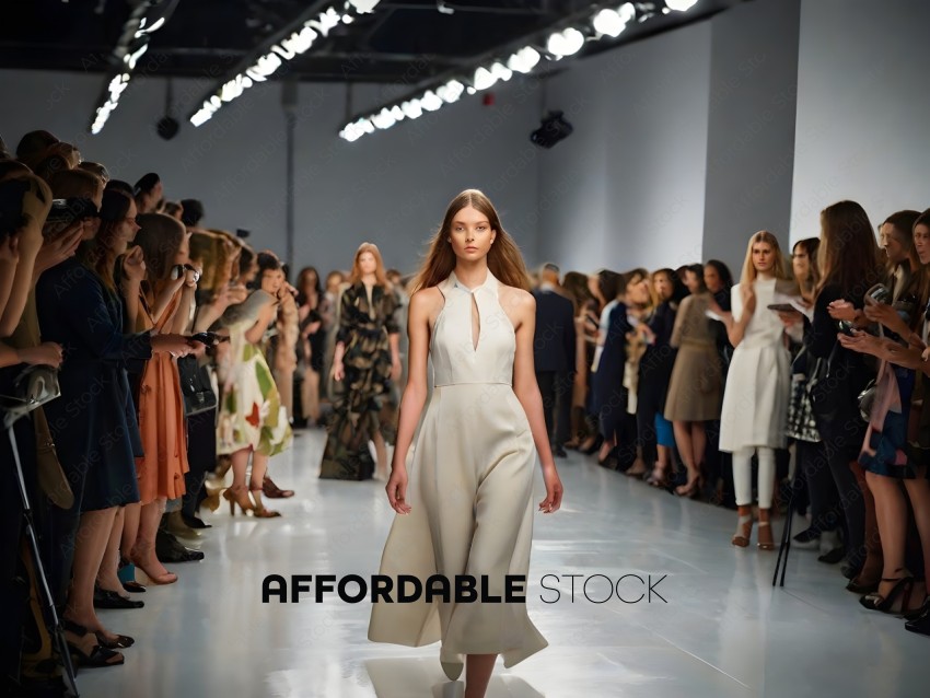 A model walks down a runway with a crowd behind her