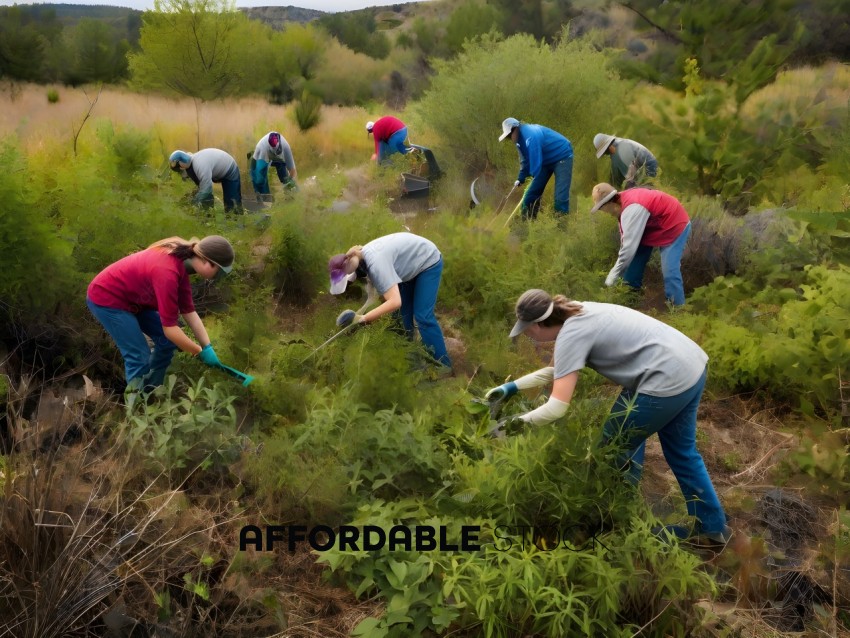 A group of people wearing gloves and blue jeans are working in a field