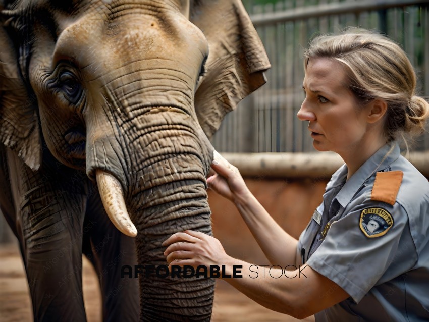 A woman touching an elephant's trunk