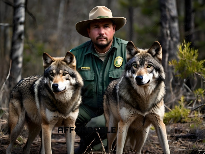 A park ranger poses with two wolves