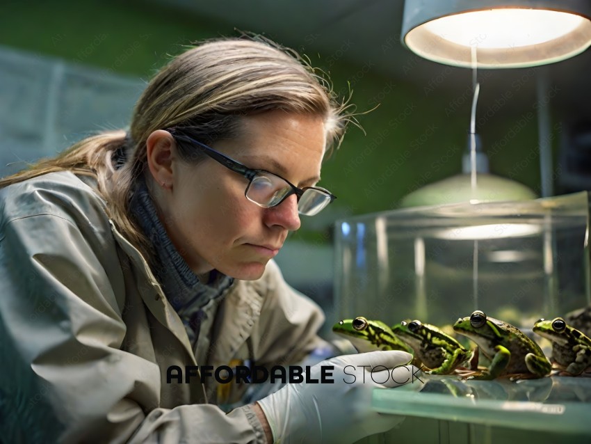 A woman in a lab coat examines a green frog