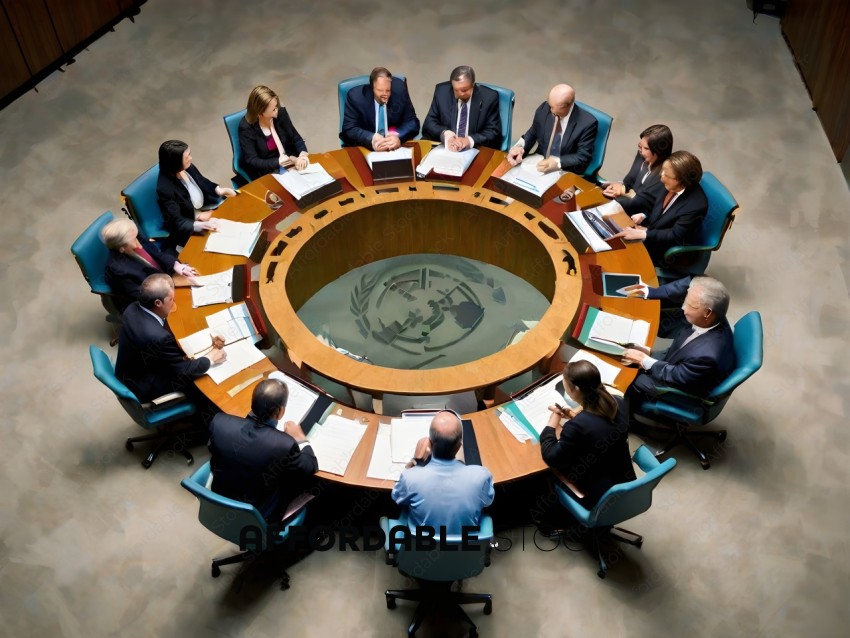 A group of people in suits sitting around a table with a globe in the middle