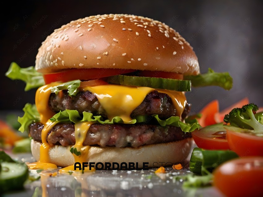 A close up of a hamburger with cheese and lettuce
