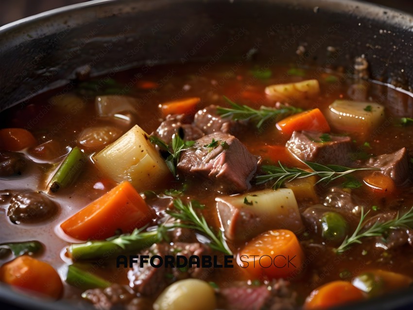 A close up of a stew with meat, carrots, and herbs