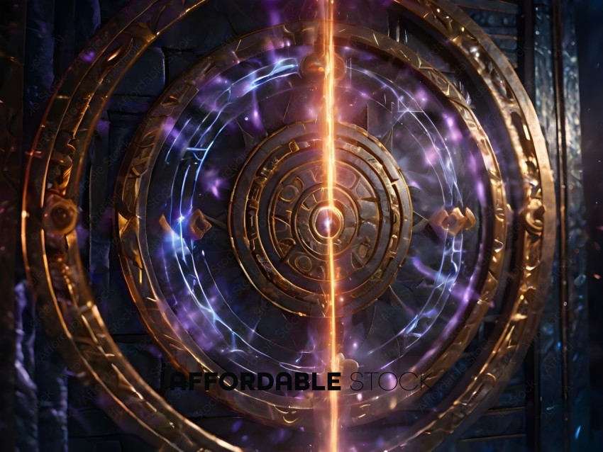 A gold and blue circle with a purple light in the middle