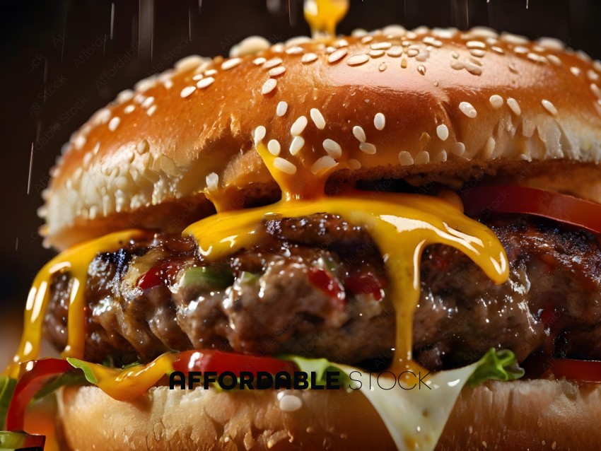 A close up of a hamburger with cheese and ketchup
