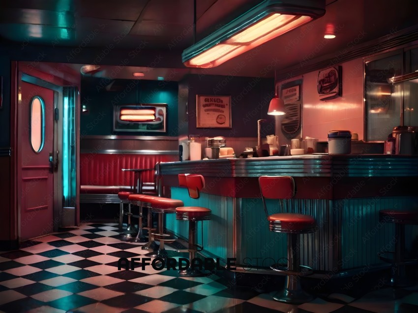 A diner with a retro look and a few stools