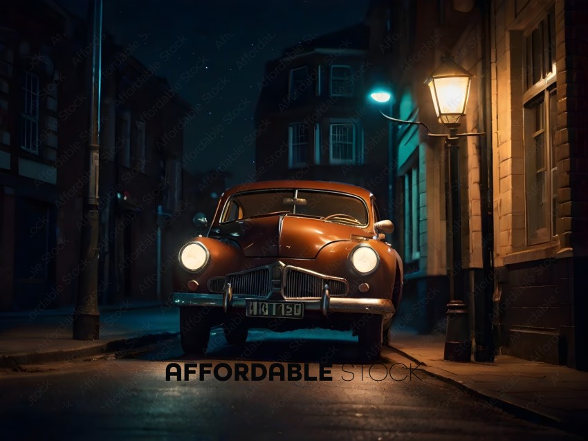 An old car parked on a street at night