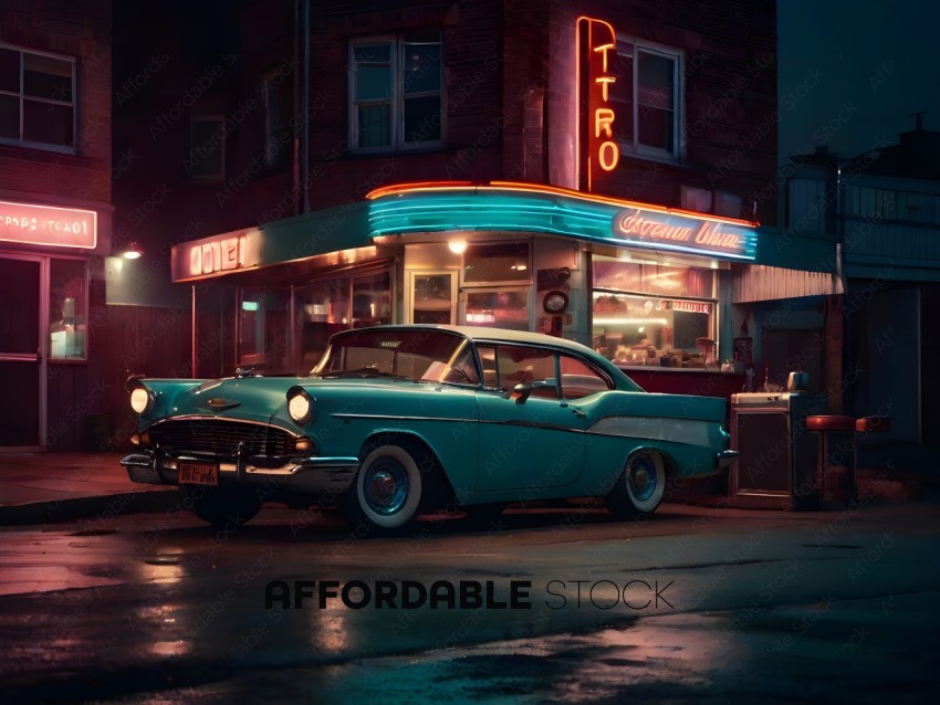 A vintage car parked in front of a neon sign