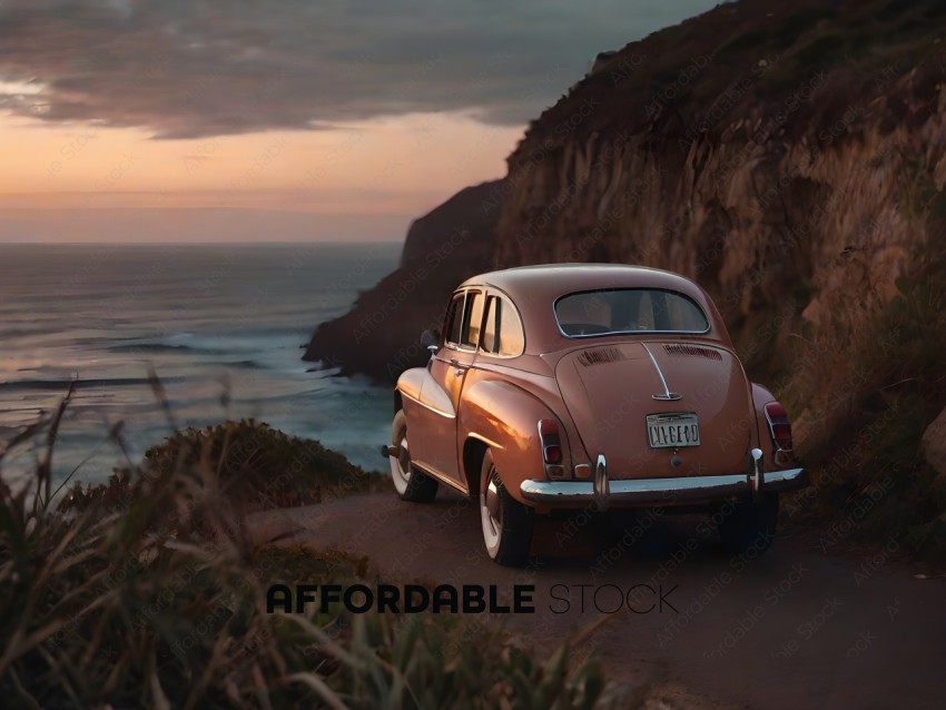 A vintage car is parked on a hillside overlooking the ocean
