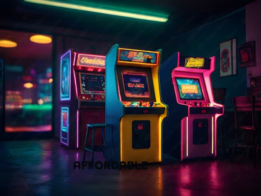 Three Arcade Machines with Pink and Blue Lights