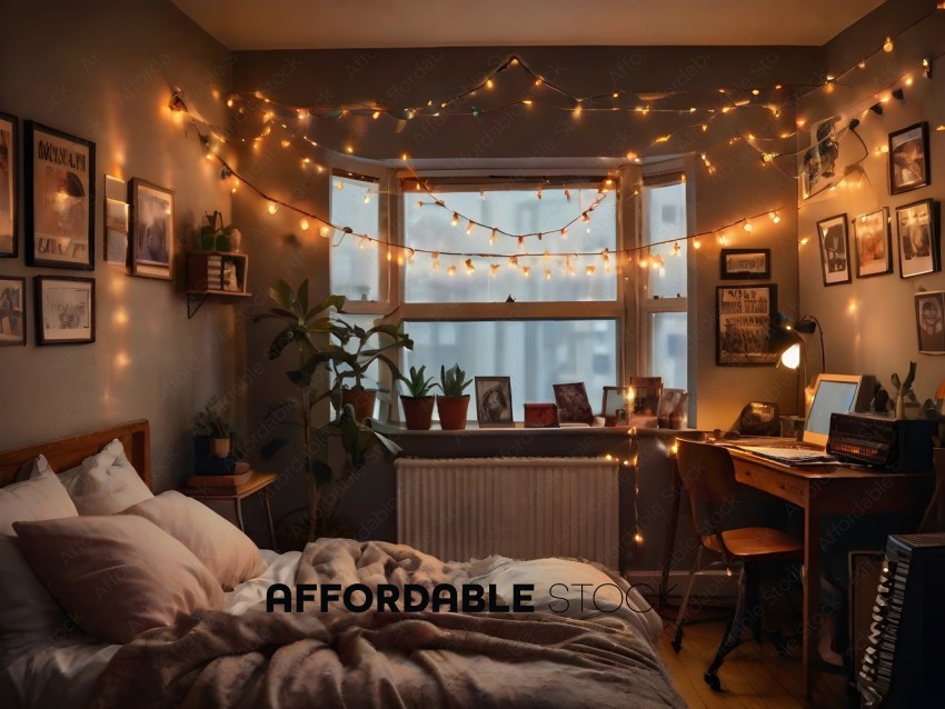 A bedroom with a bed, desk, and window with lights