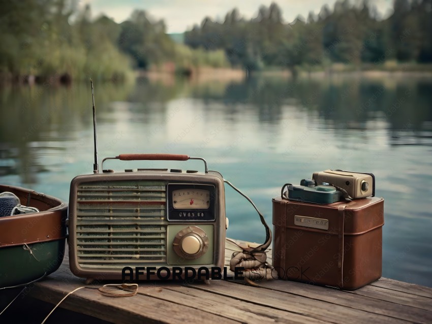 A vintage radio sits on a dock next to a suitcase and a cup