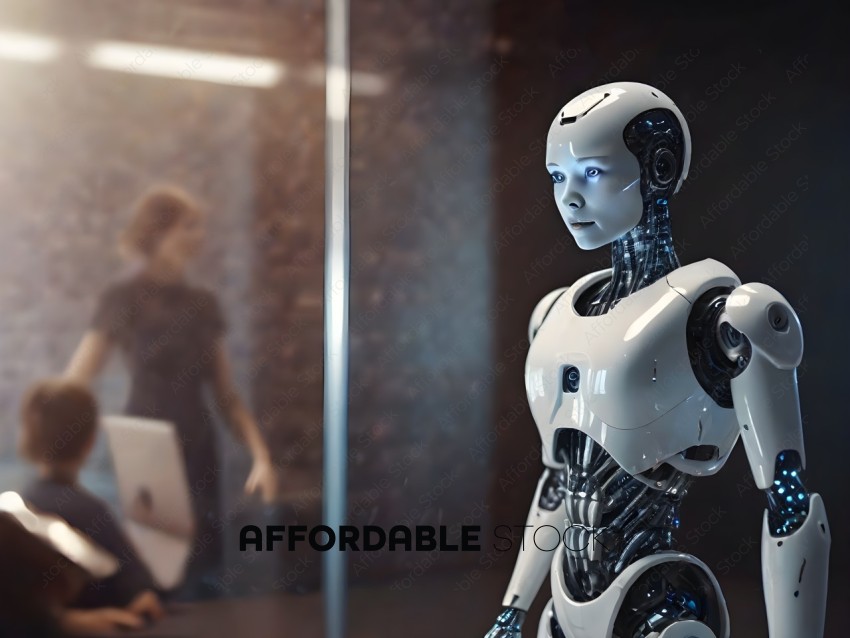 A robot with a human reflection in the background