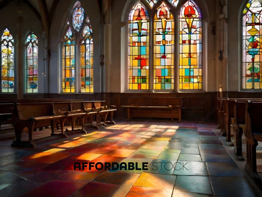 A church with stained glass windows and a wooden bench