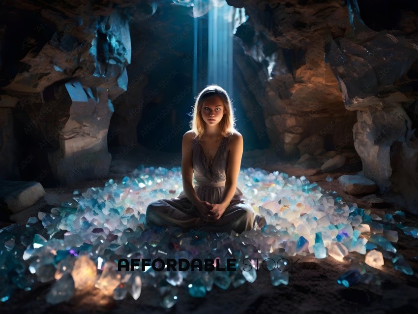 A woman sitting in a cave surrounded by crystals