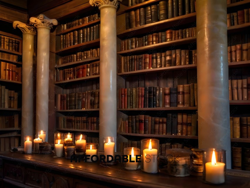 A long bookshelf with candles and books