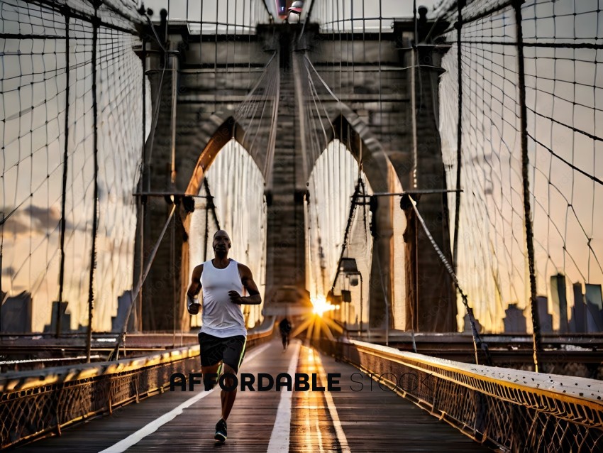 Man Running on Bridge with Sunlight Beaming Through
