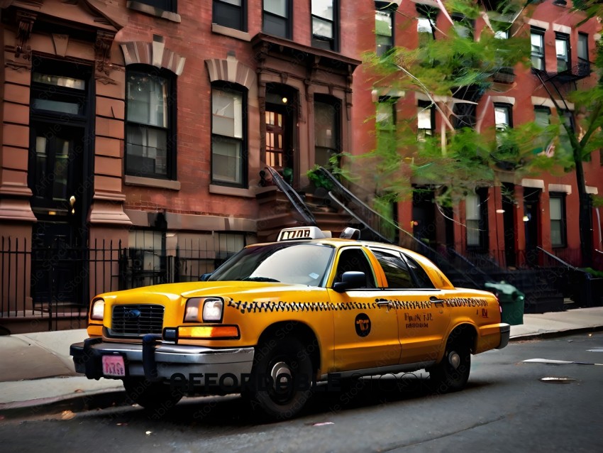 A yellow taxi cab with a checkered pattern on the side