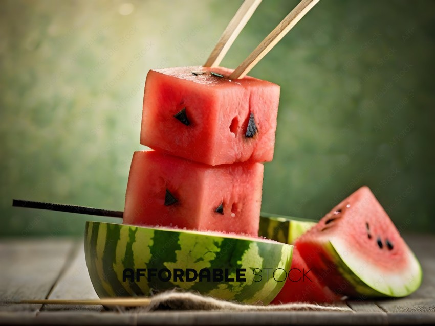 Watermelon cubes with chopsticks