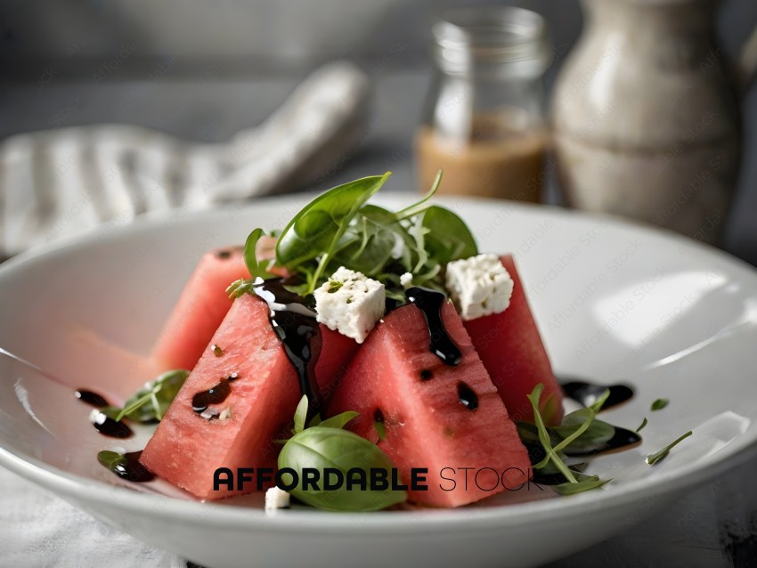 A plate of watermelon with black topping