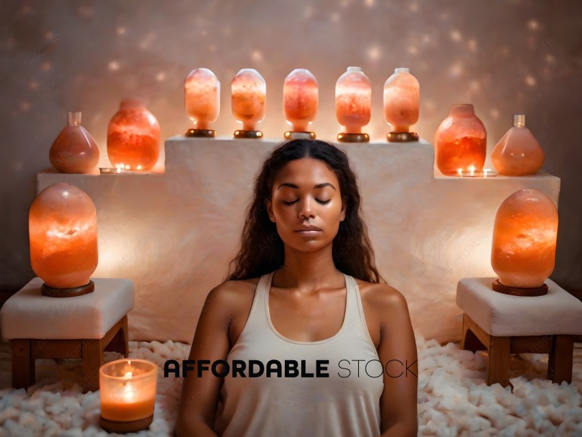A woman in a white tank top is sitting in a room with candles