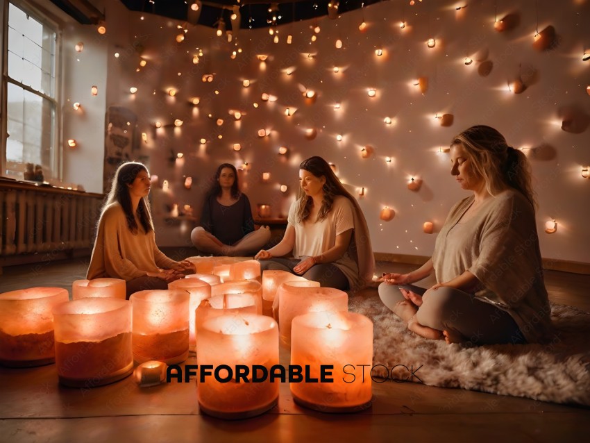 Four women meditating in a circle with candles