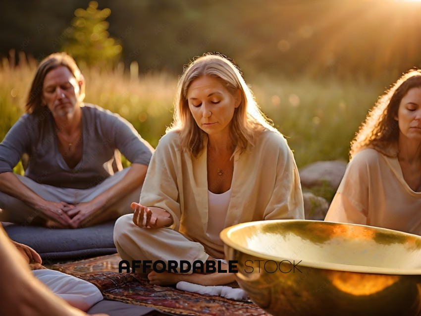 A woman meditating with a group of people