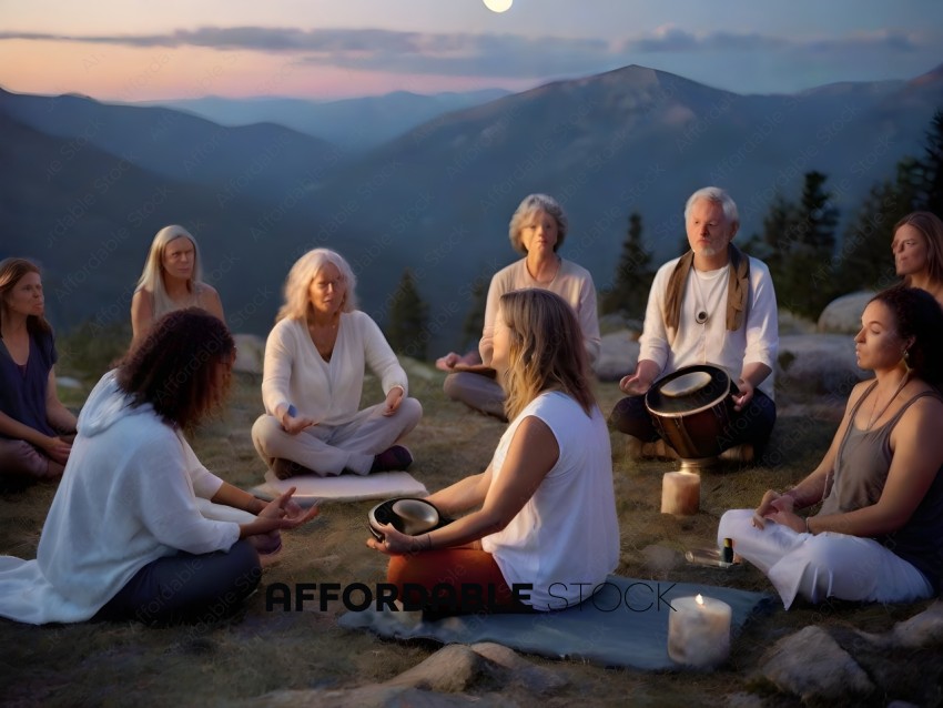 A group of people meditating in a mountainous area