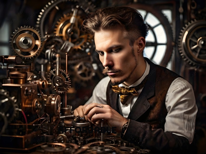 A man in a suit and bow tie working on a machine