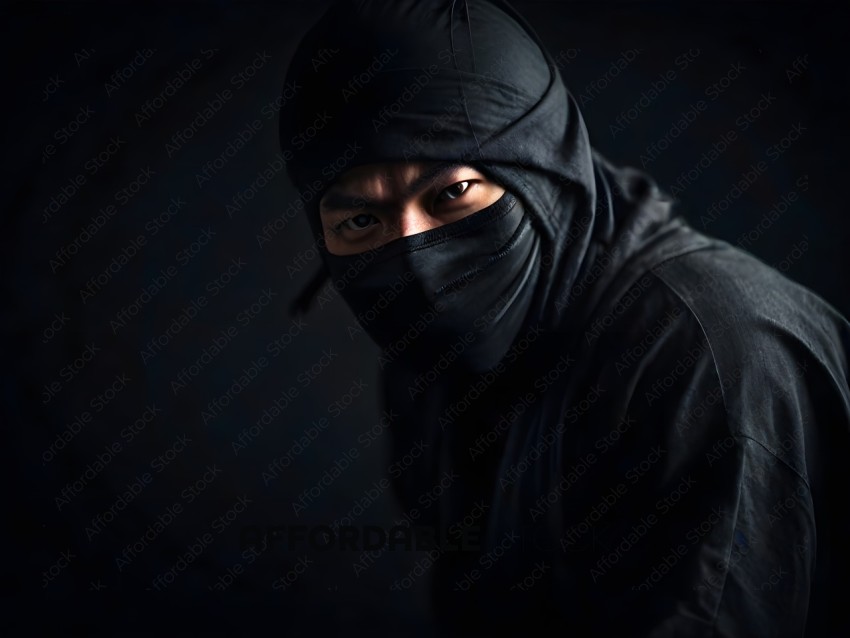 A man in a black outfit with a hood