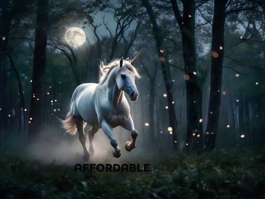 A white horse running through a forest at night