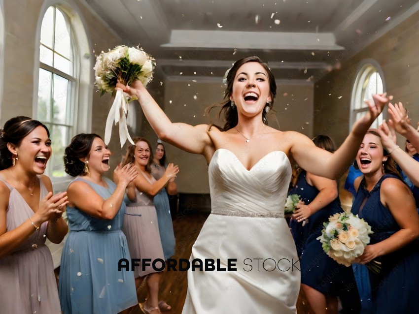 Bride and bridesmaids celebrate with confetti