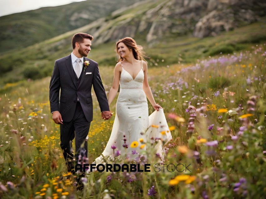 A Bride and Groom Walking in a Field of Flowers