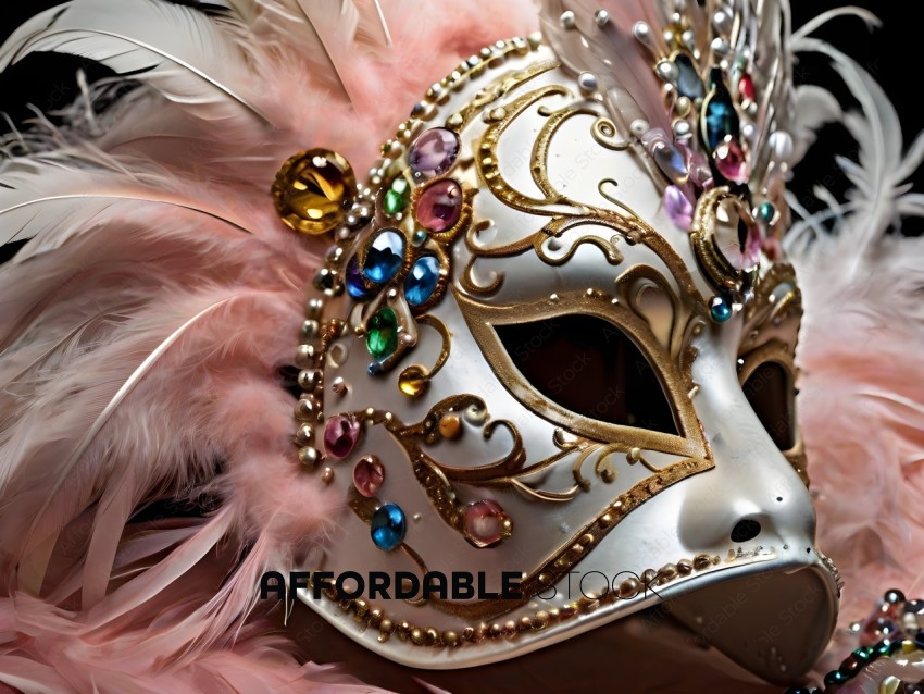 A gold and pink mask with a lot of gems on it