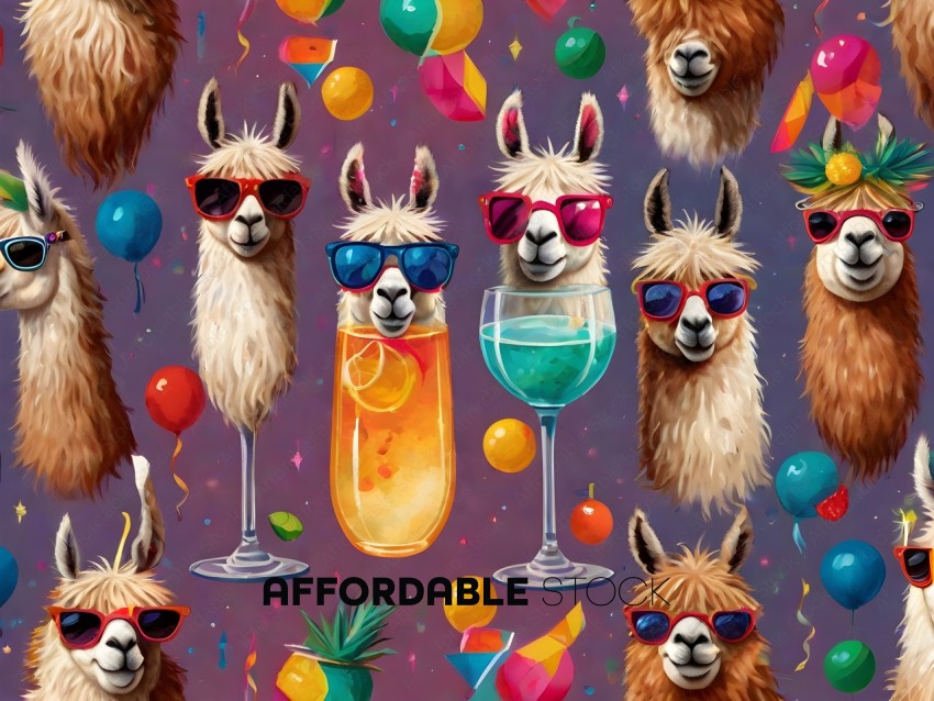 A group of llamas wearing sunglasses and drinking
