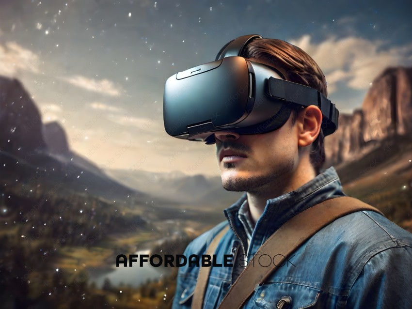 Man wearing a blue shirt and brown strap with a VR headset on