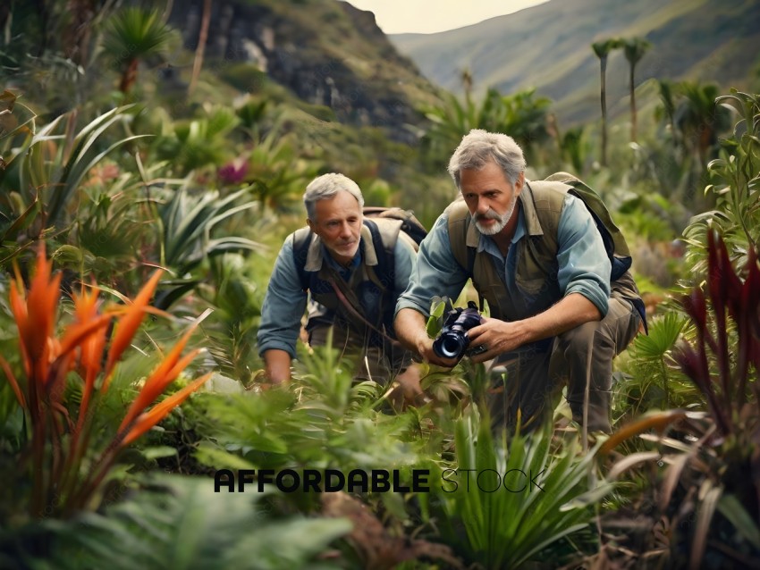 Two men in the jungle taking pictures of plants