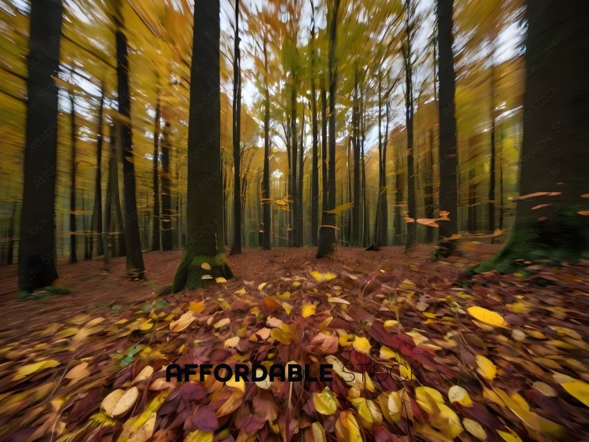 A forest with a lot of leaves on the ground