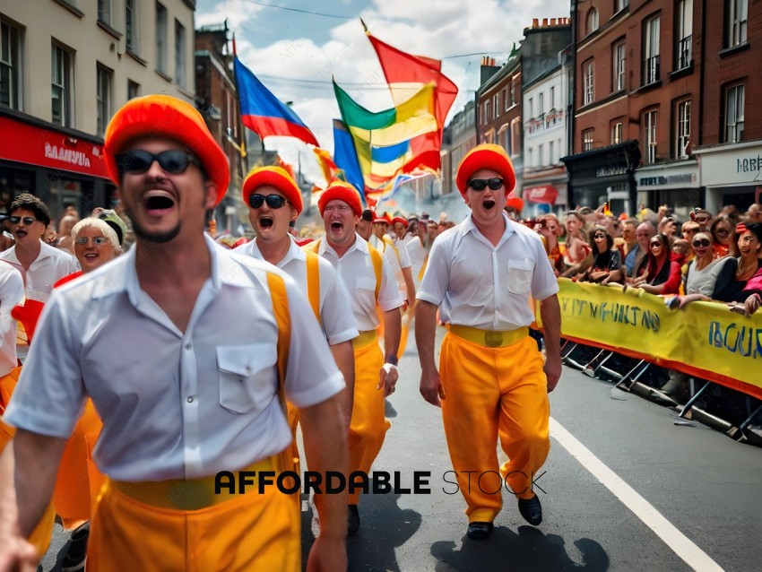 Men in yellow and white outfits marching in a parade
