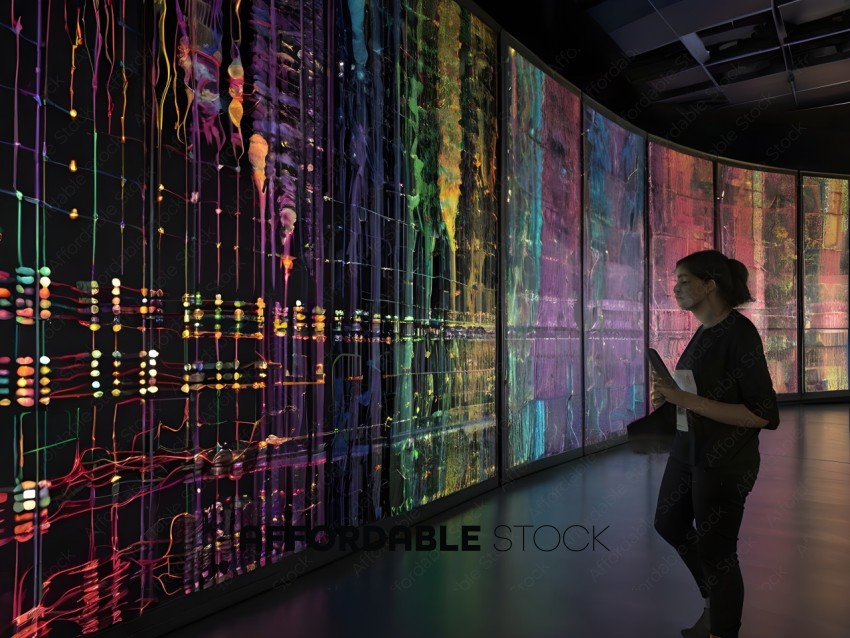 A woman standing in front of a large screen with a lot of colors
