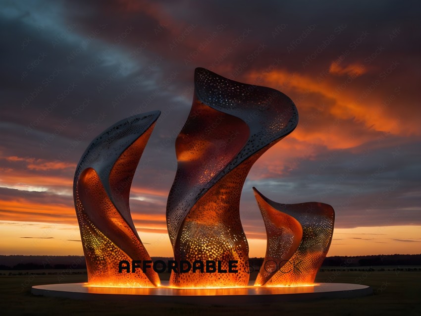 A group of metal sculptures with a glowing effect