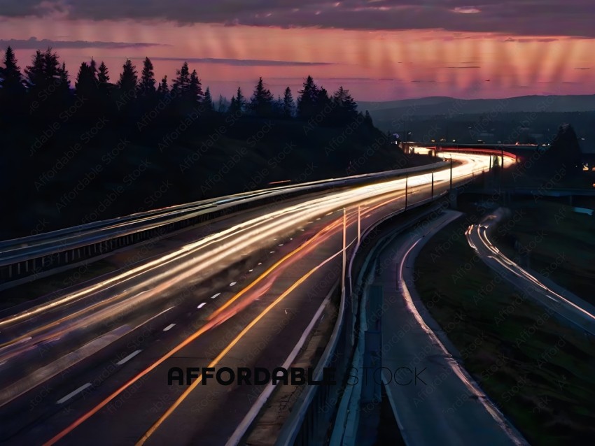 Highway at sunset with blurry lights