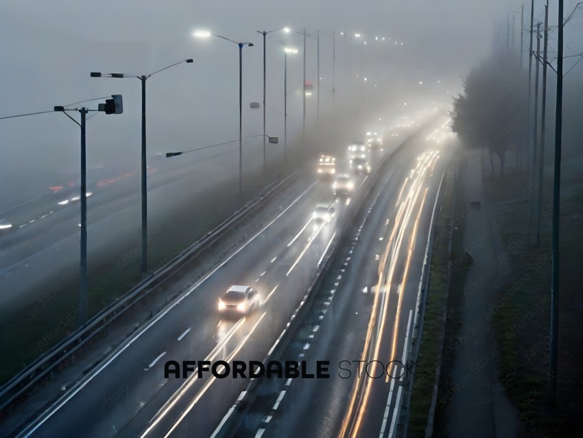 Cars on a highway at night with fog and rain