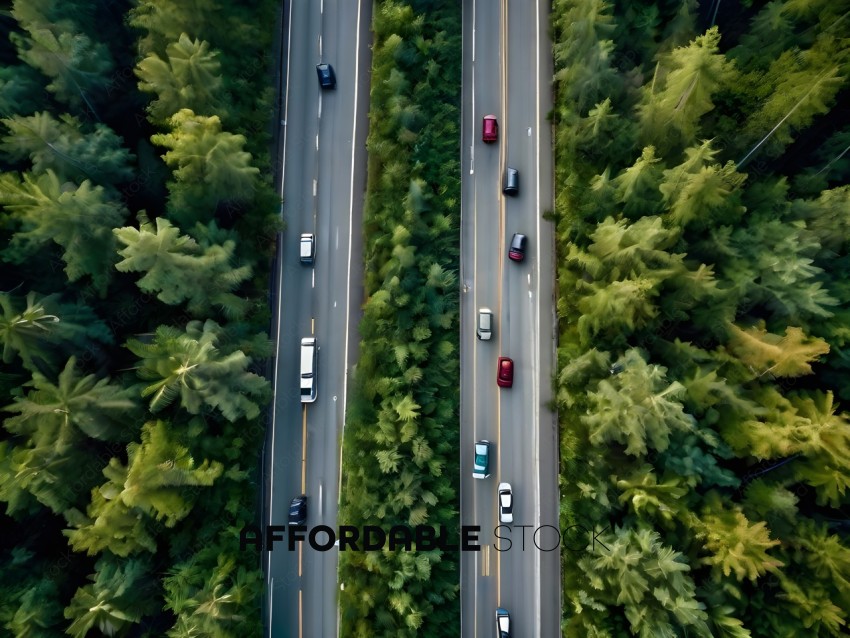 Cars on highway with trees on both sides