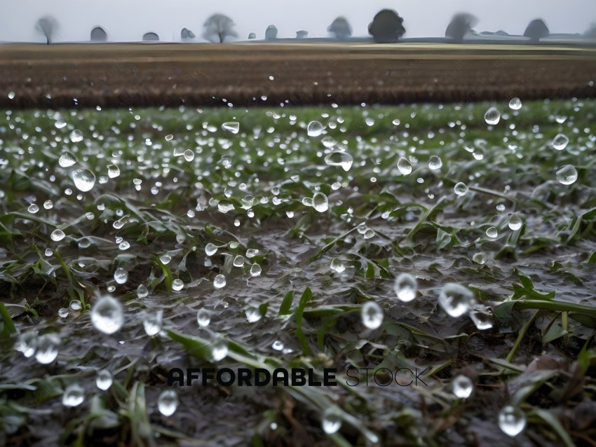 Raindrops on grass in a field