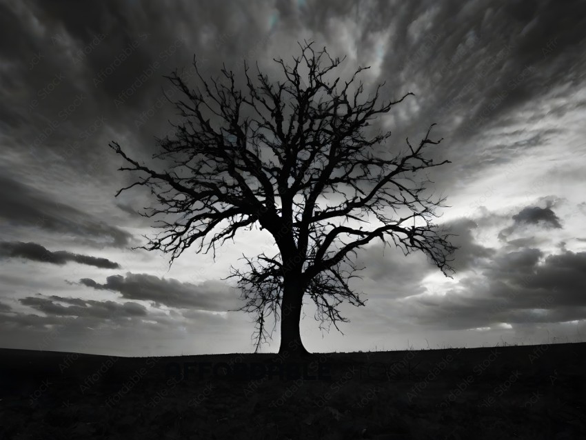 A barren tree stands alone in a field