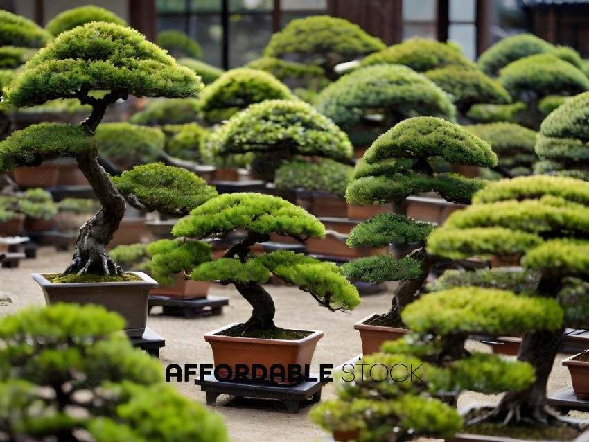 A collection of bonsai trees in pots